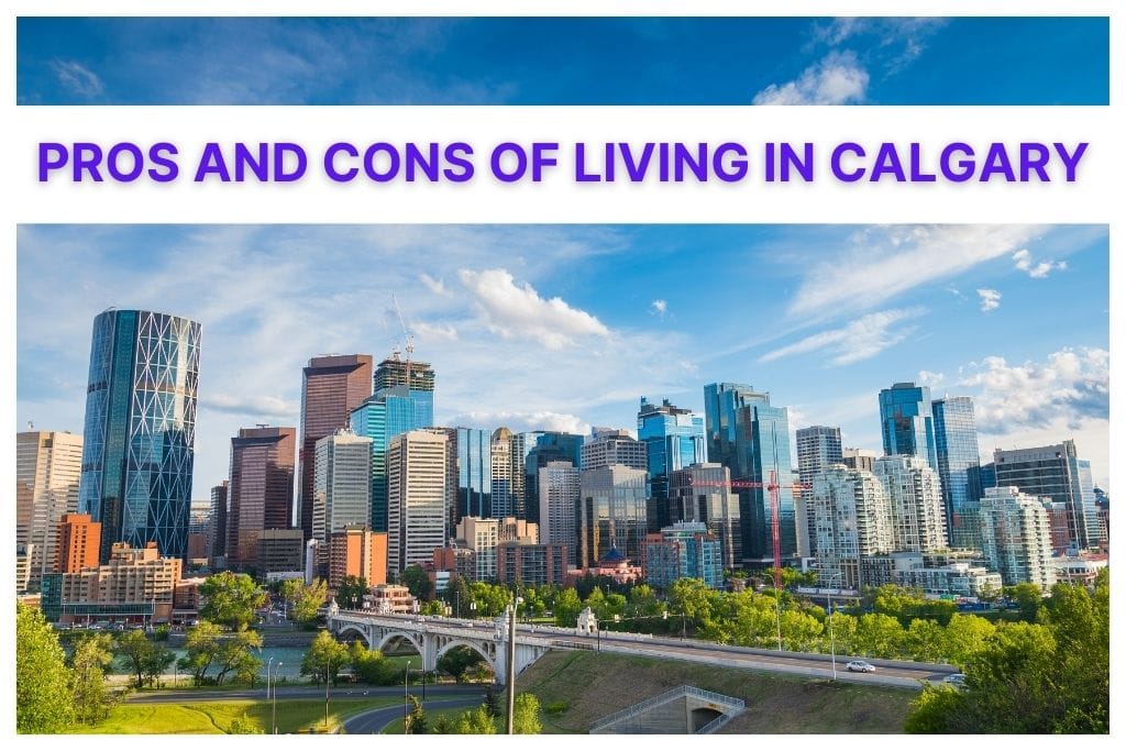 An image of downtown calgary with the text the pros and cons of living in calgary.