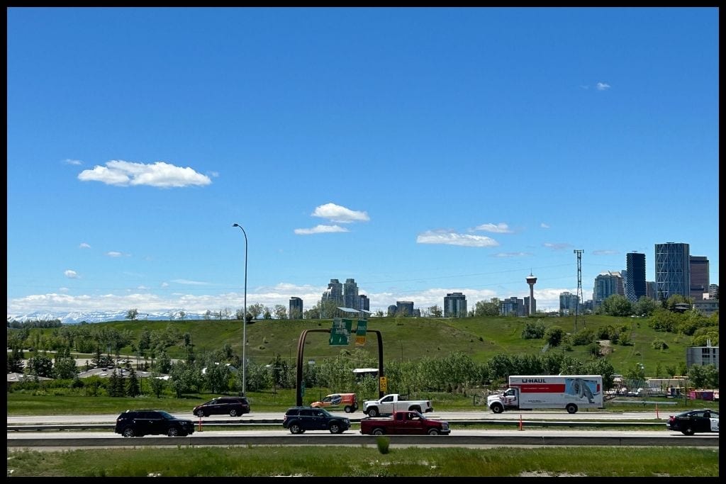 An image showing memorial drive in Calgary with the downtown skyline in the background.