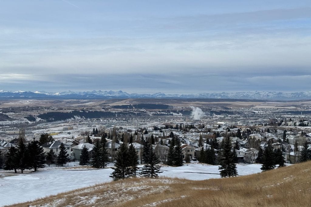 Elevated view of Cochrane, Alberta from the neighbourhood of Gleneagles.