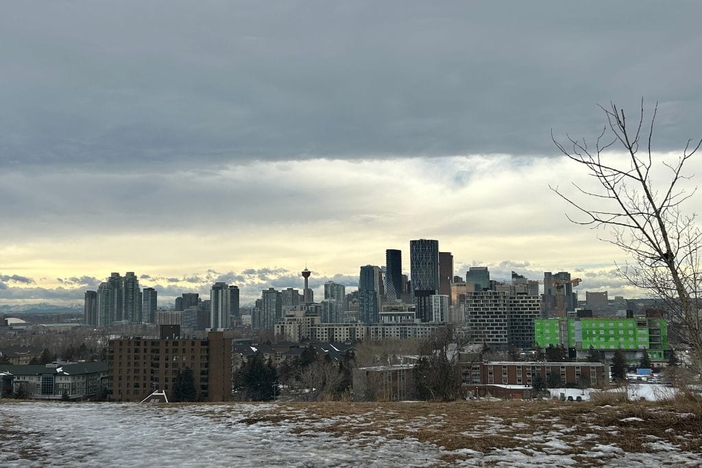 Tom Campbell Park in Bridgeland with a view of downtown Calgary.
