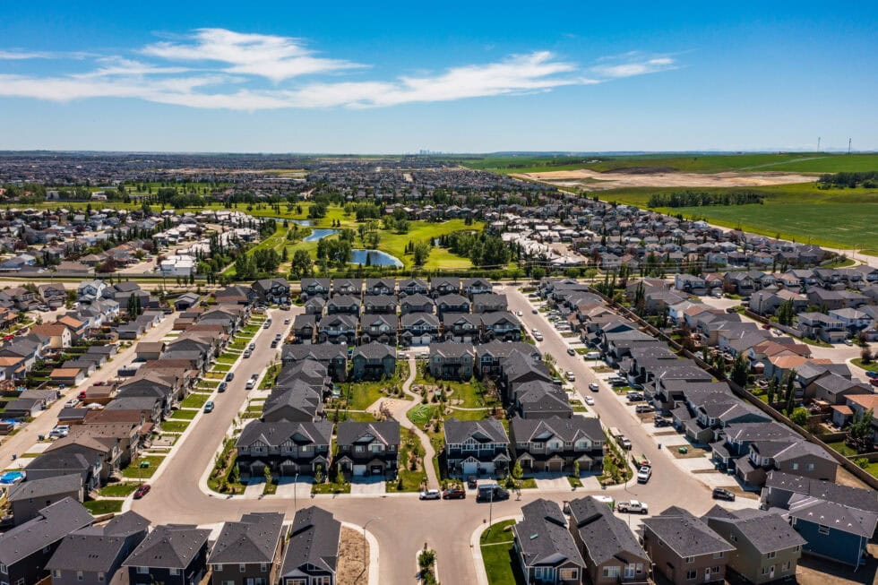 Aerial view of Airdrie Alberta of the neighbourhood of Kings Heights.