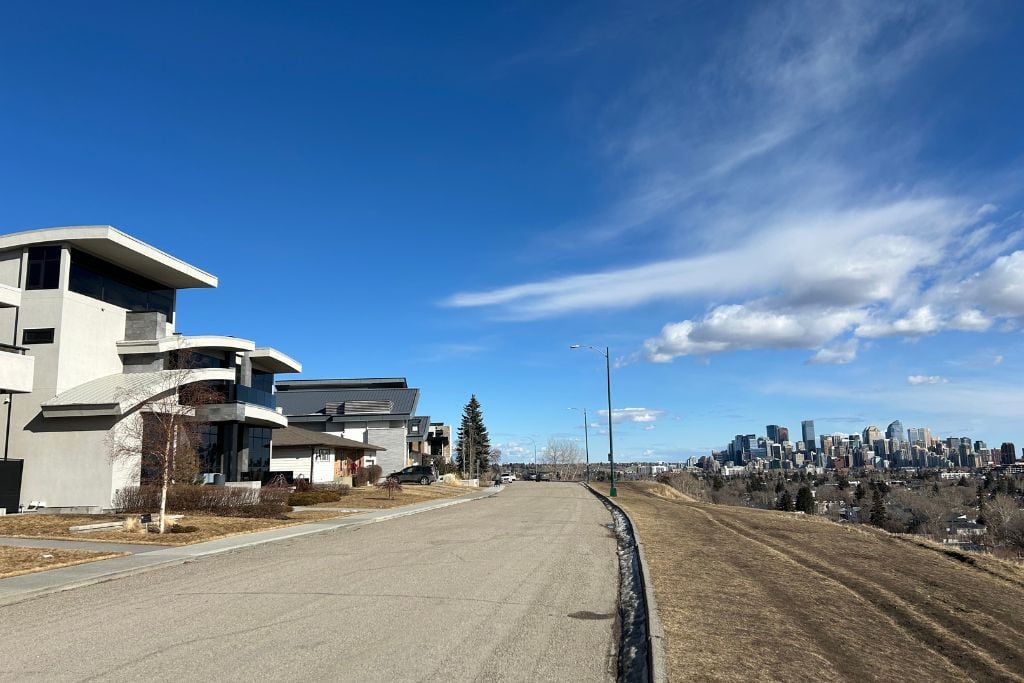 Toronto Crescent from St. Andrews Heights in Calgary, Alberta, overlooking the city skyline and parks.