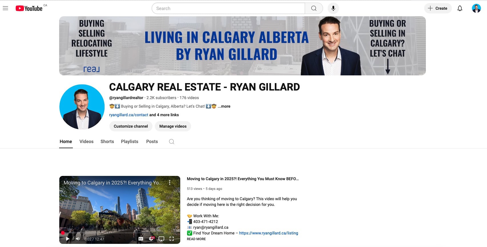 Ryan Gillard’s YouTube channel banner showcasing real estate video content that generates leads and builds trust with Calgary homebuyers and sellers.