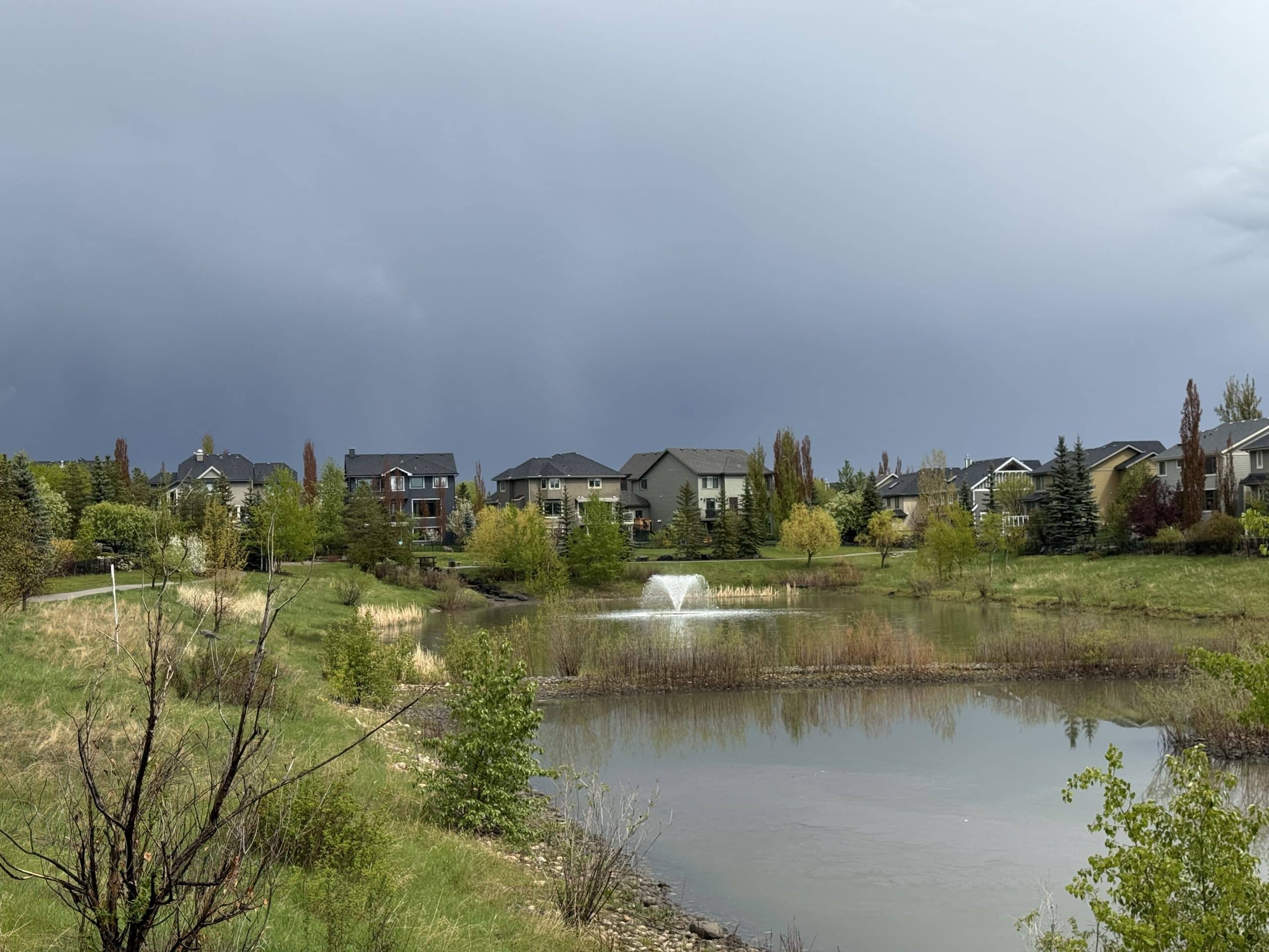A view of a pond, green space, and walking paths , with luxury homes in the neighbourhood of West Springs in Calgary.