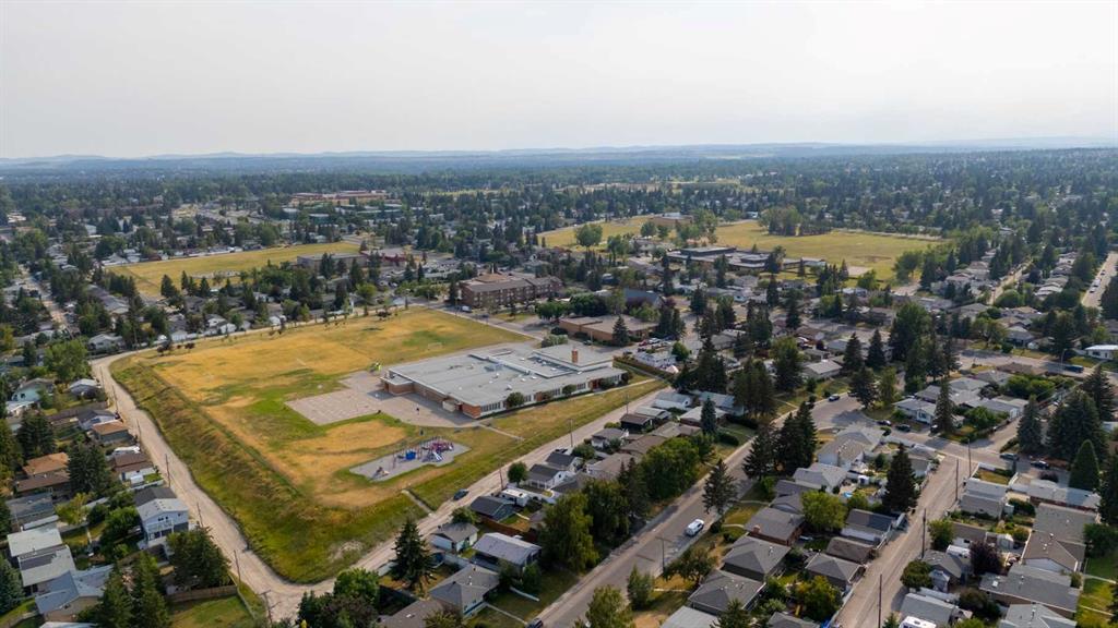 Aerial view of a school in the middle of Southwood, Calgary.