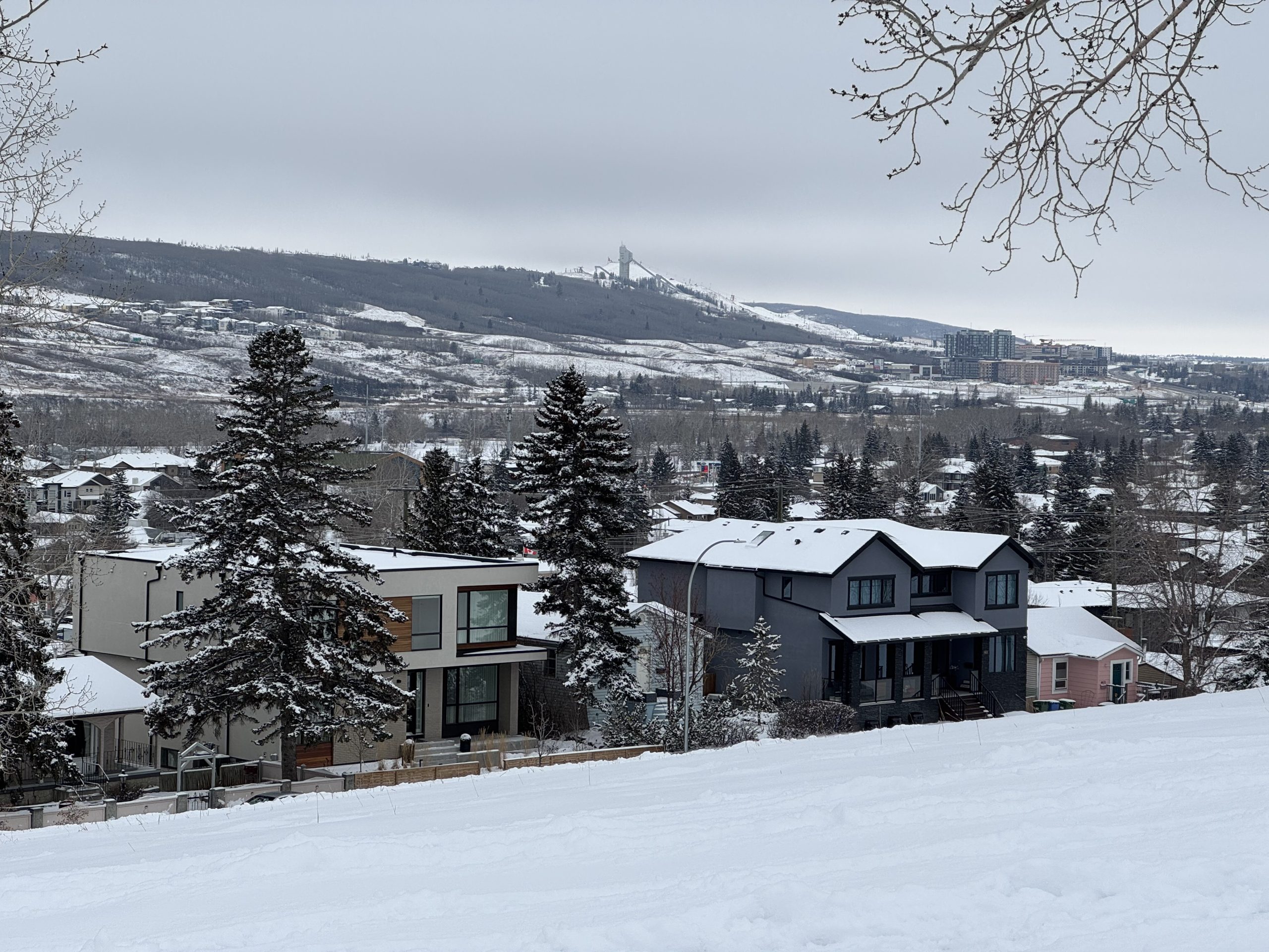 Winter view of Montgomery Calgary homes on a hill with Canada Olympic Park in the background