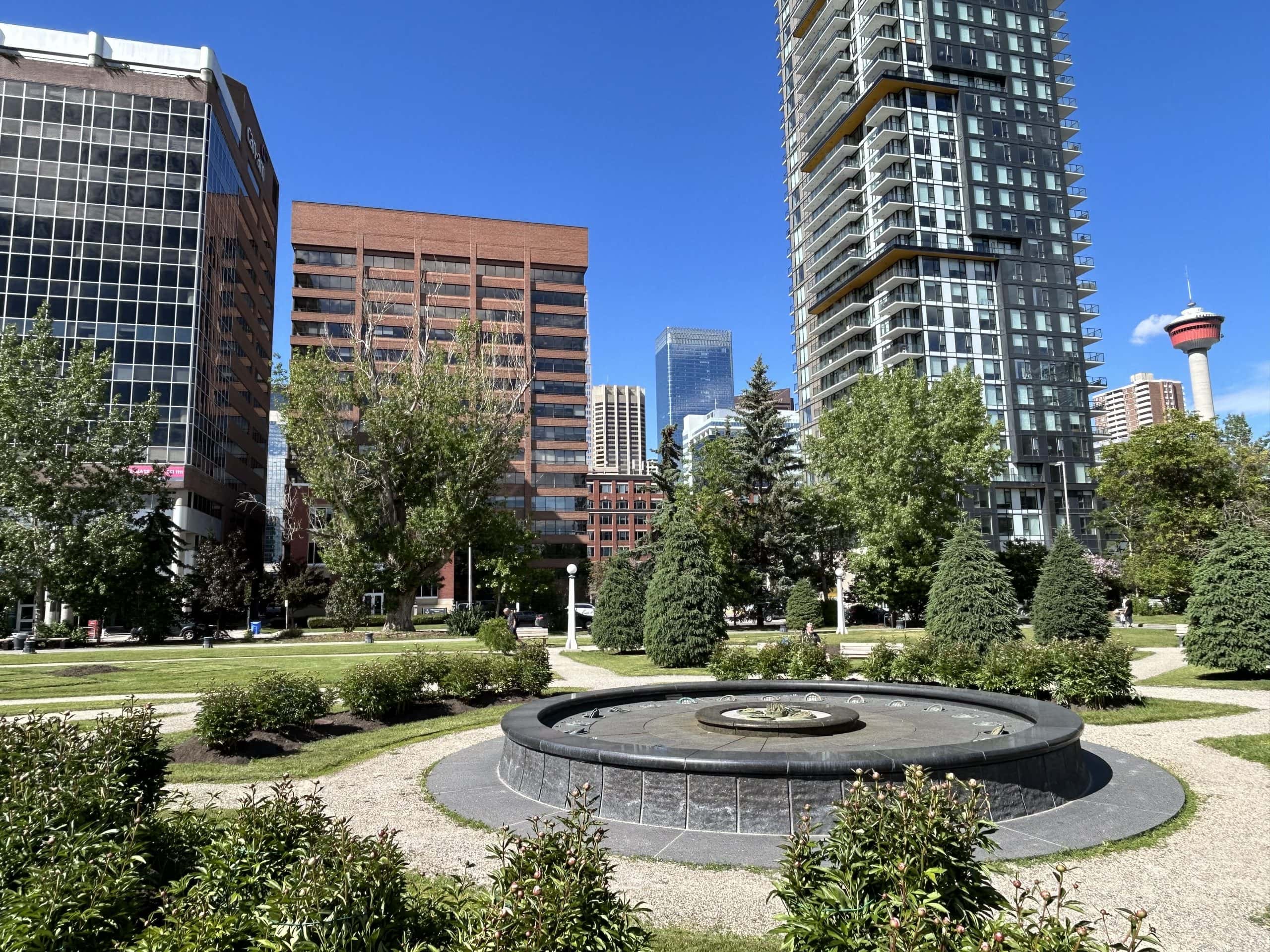 Vibrant urban Calgary street with shops and restaurants in a walkable neighbourhood