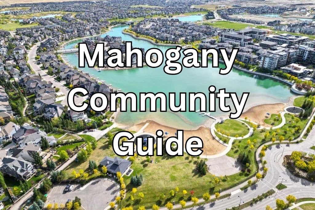 Aerial view of Mahogany Lake in southeast Calgary showing the beachfront, walking paths, and surrounding homes featured in the Mahogany Community Guide.