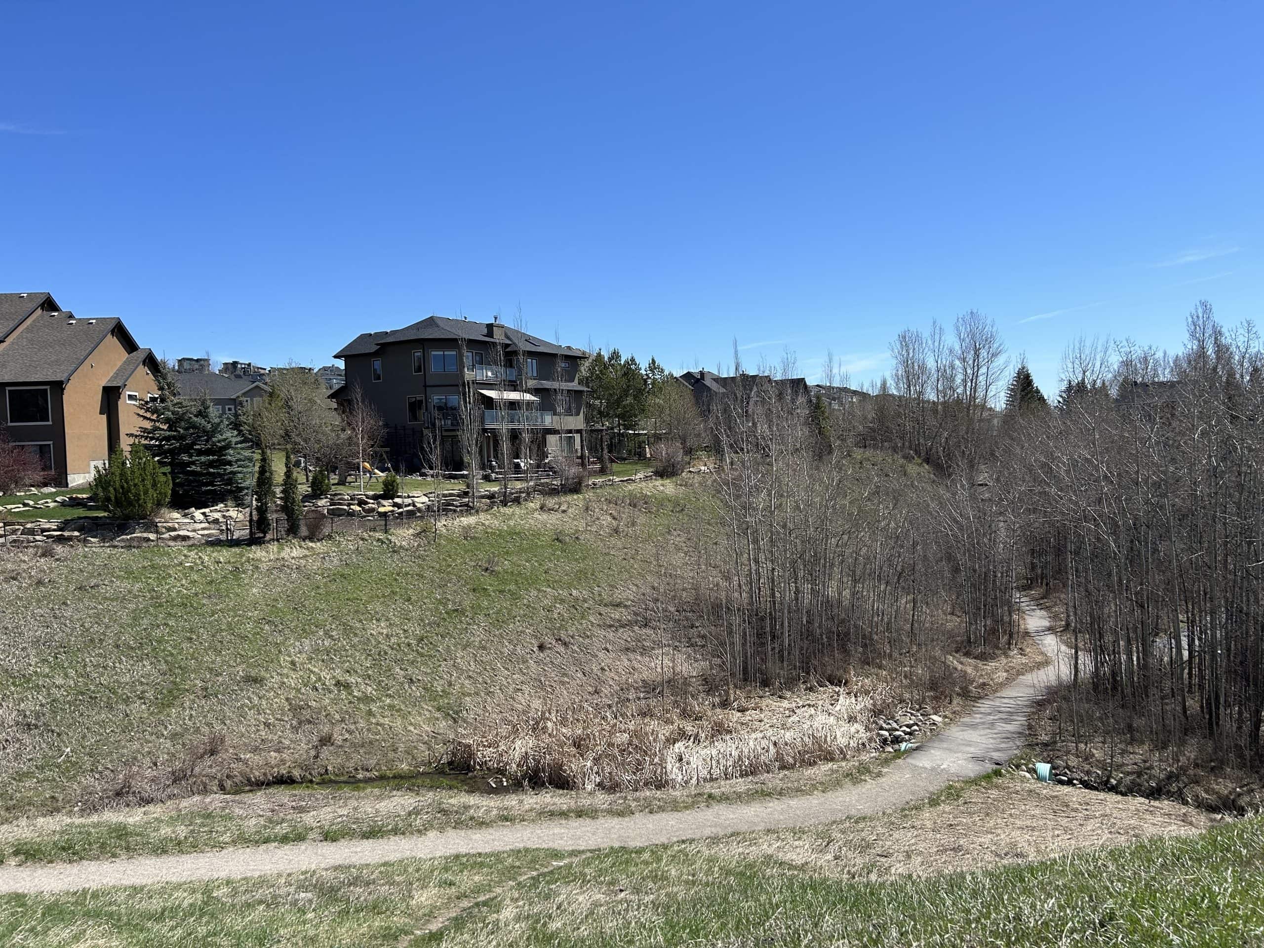 Walking path and natural ravine in Springbank Hill Calgary, surrounded by estate homes and early spring vegetation under a clear blue sky.