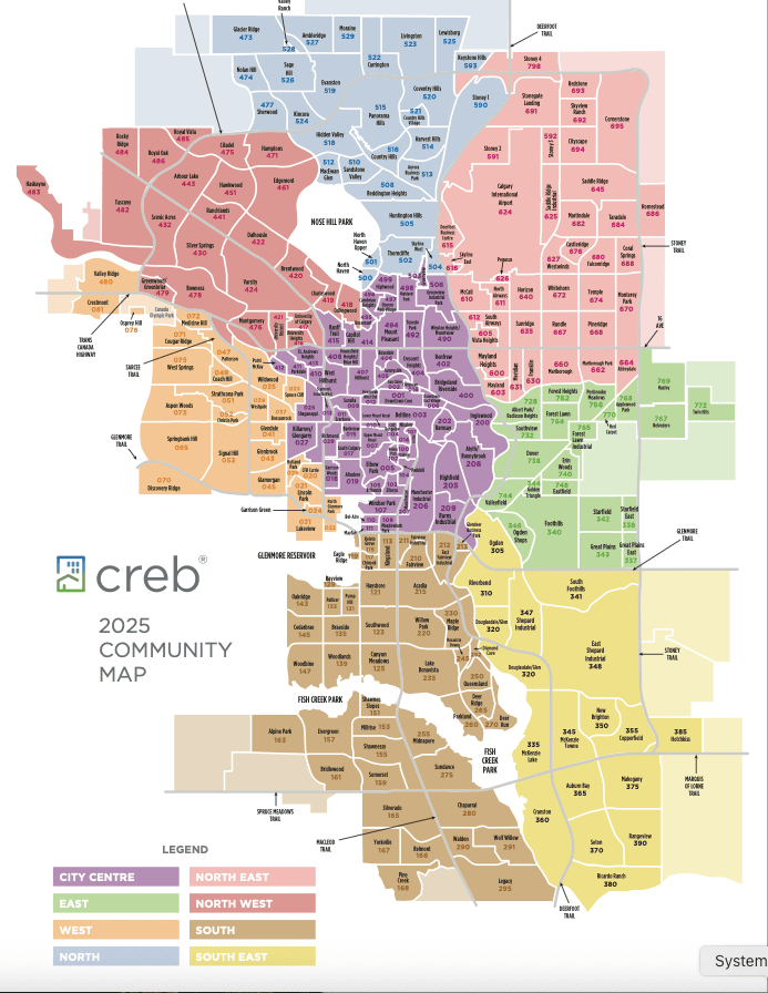 Detailed 2025 Calgary community map by CREB showing neighbourhoods across all city quadrants including NW, NE, SW, SE, City Centre, and East.