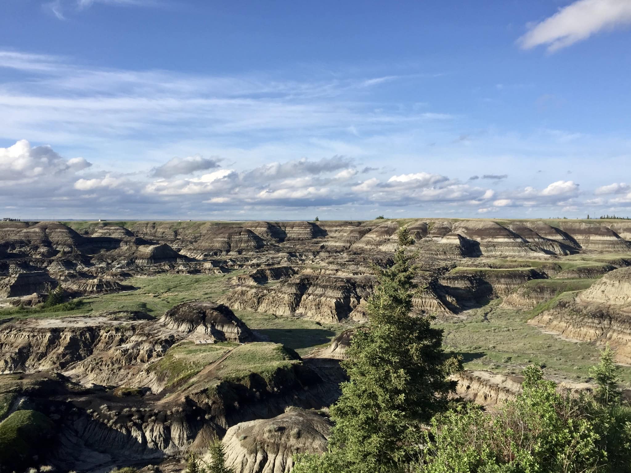 Expansive view of the Canadian Badlands with dramatic layered hoodoos, rugged canyons, and open skies dotted with clouds.