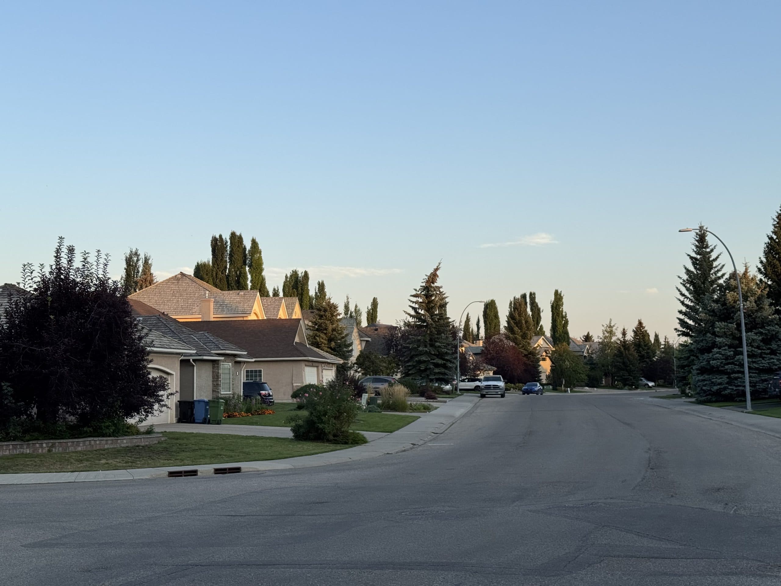 Quiet residential street in Evergreen Calgary lined with mature trees and well maintained homes, reflecting the calm and welcoming atmosphere of this suburban community.