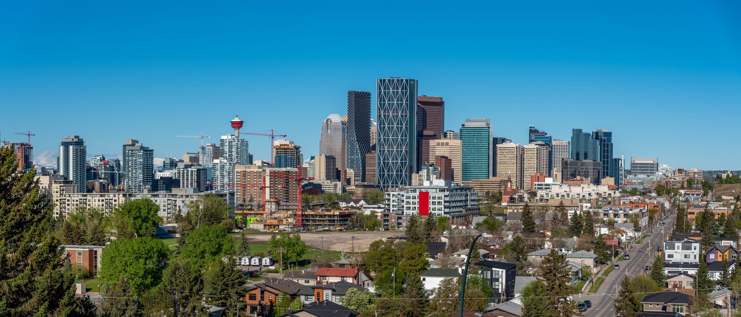 Wide panoramic view of downtown Calgary on a clear spring day, showcasing the city skyline with the Calgary Tower, modern skyscrapers, construction cranes, and surrounding residential neighbourhoods framed by lush greenery.