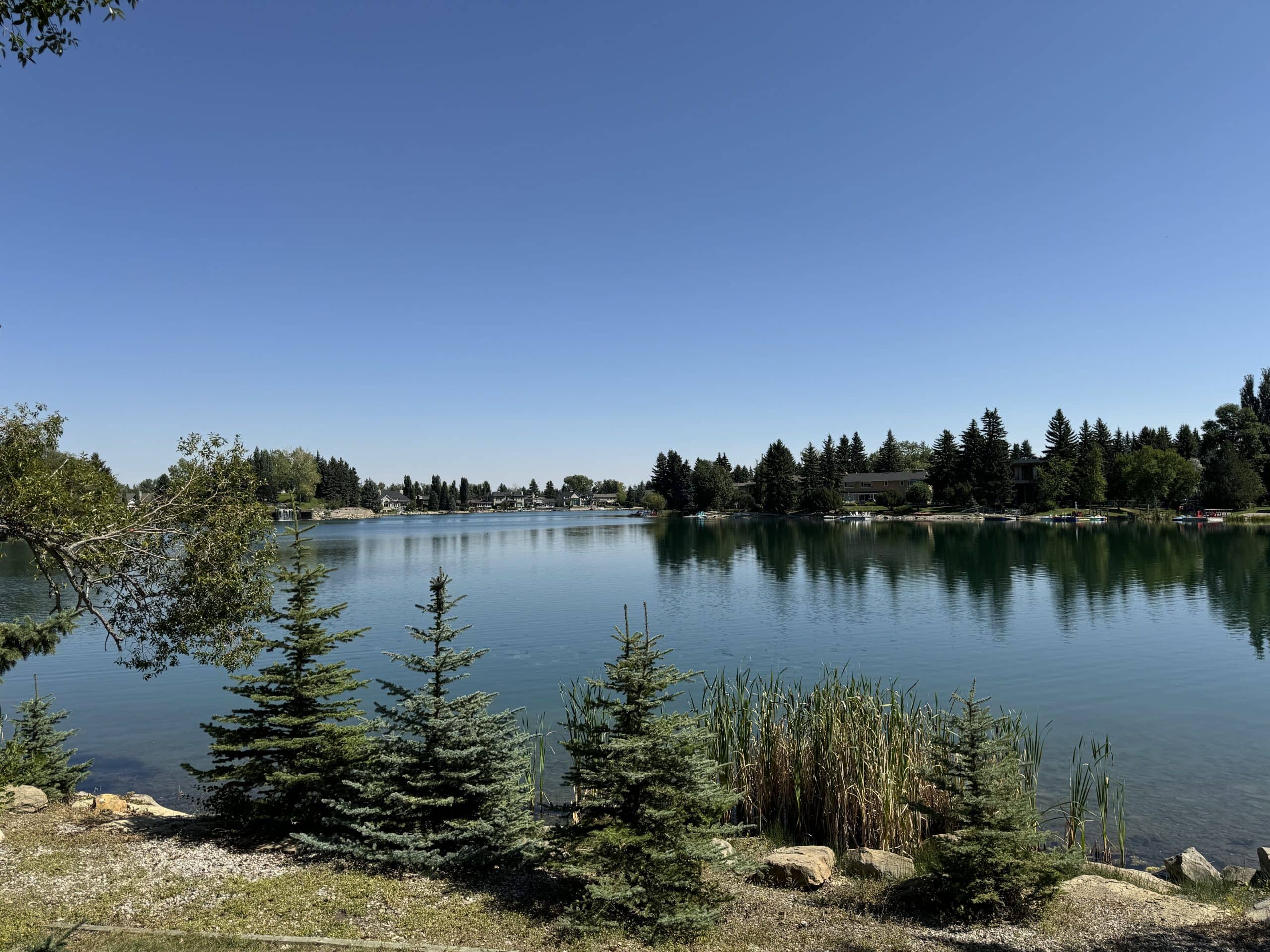 Lake Bonavista on a clear summer day with calm blue water, evergreen trees, and waterfront homes reflecting across the lake in South Calgary.