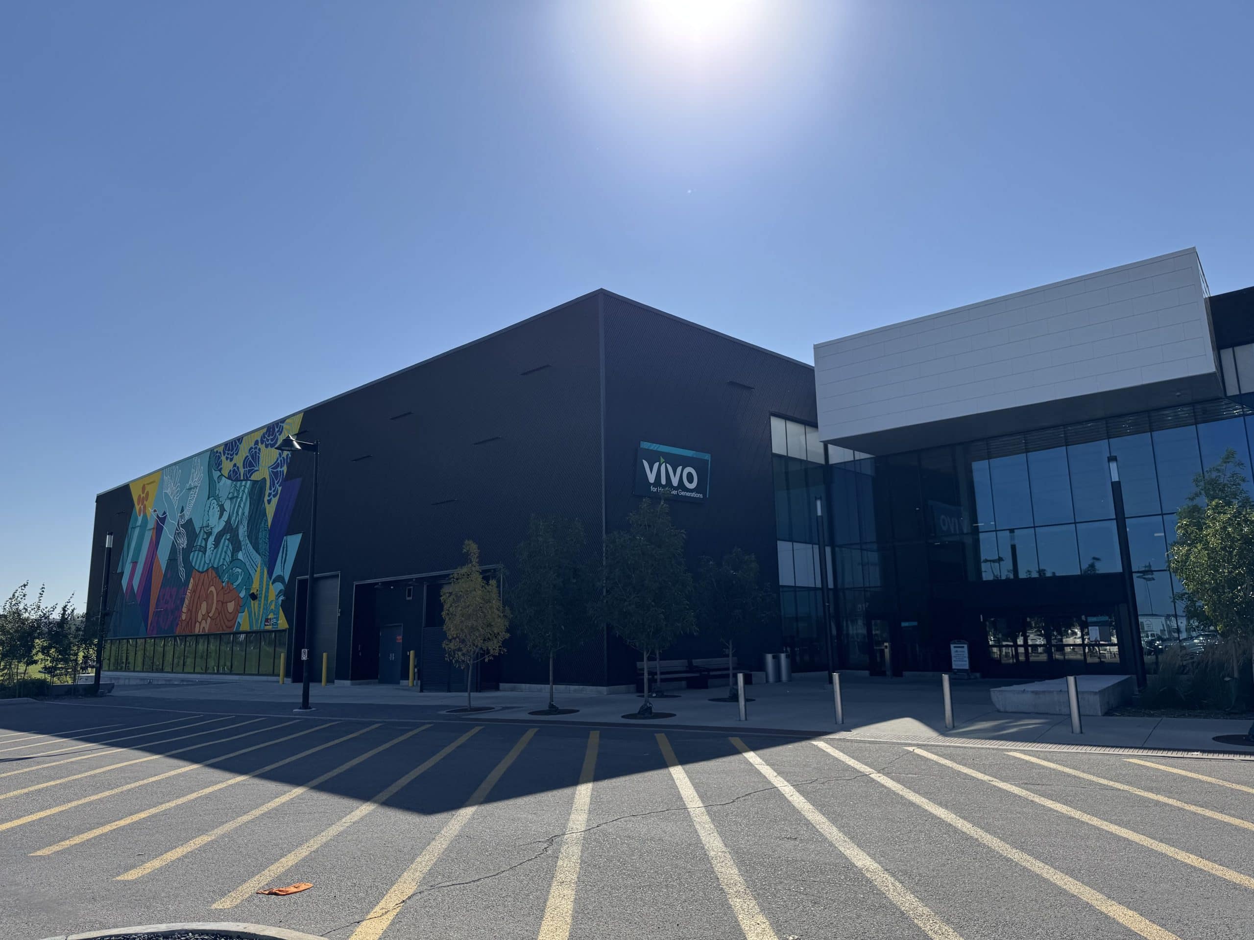 Modern exterior of Vivo for Healthier Generations in north Calgary, a popular recreation centre near Coventry Hills offering swimming, skating, fitness programs, and community activities for families.