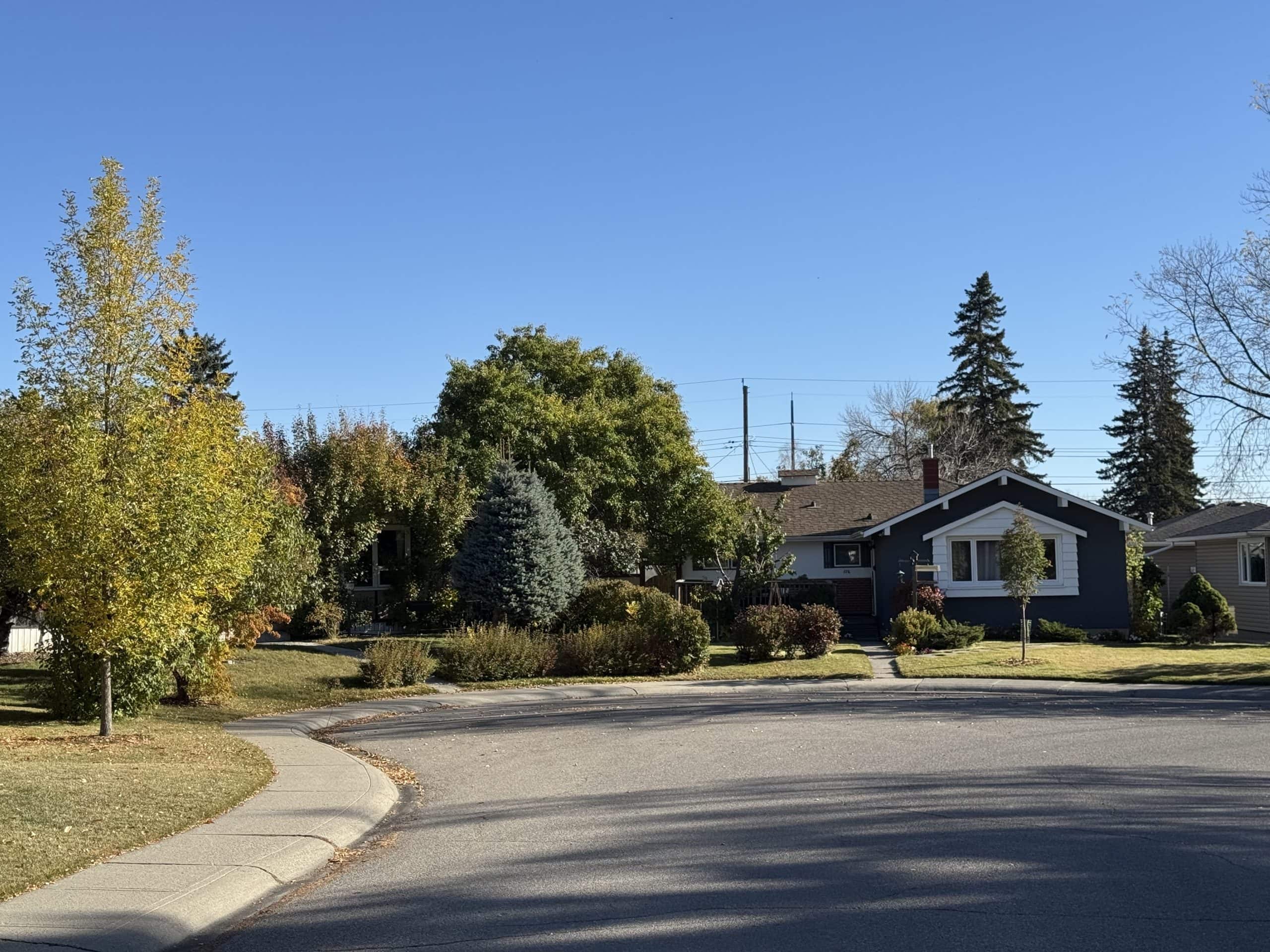 Quiet residential street in Fairview with mature trees, fall colours, and well kept single family homes under a clear blue sky.