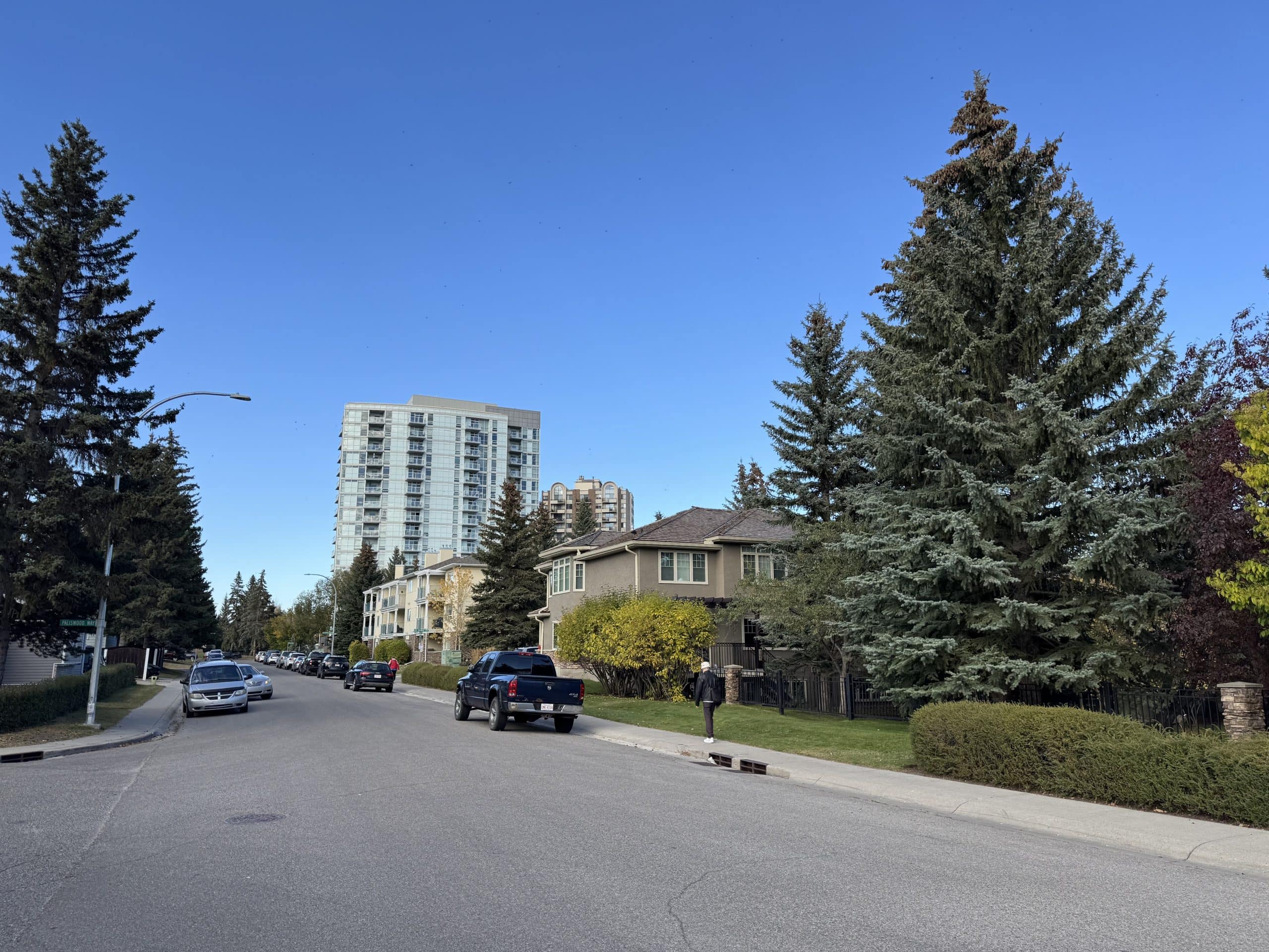 Residential street in Palliser with mature trees, low rise and high rise buildings, parked cars, and a clear blue sky.