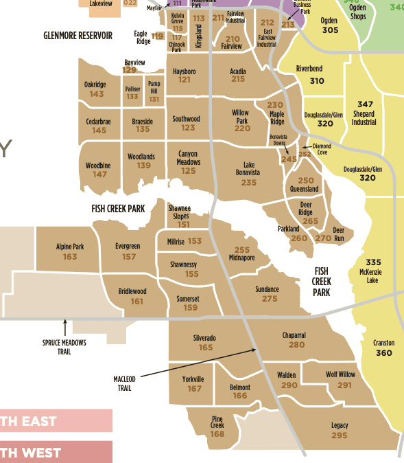 Calgary South communities map showing neighbourhoods around Macleod Trail and Fish Creek Park, including Walden, Legacy, Belmont, Yorkville, Silverado, Shawnessy, and surrounding areas.