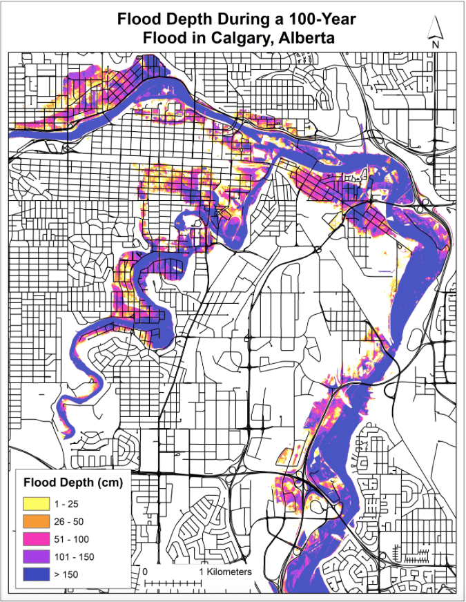 City of Calgary flood depth map showing 100 year flood zones along the Bow River and Elbow River, highlighting high risk areas and potential floodplain impact zones.