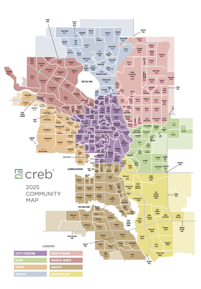 CREB Calgary community map showing the city’s geographic real estate regions and neighbourhood layout across northwest, northeast, west, south, southeast, and city centre.