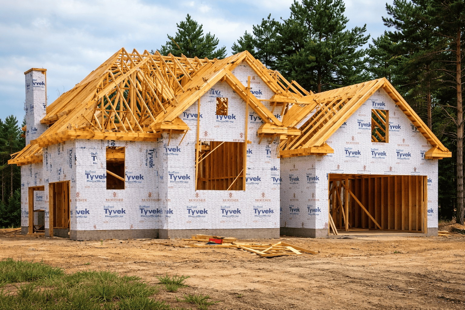 New construction home in Calgary mid build with framing and exterior wrap installed showing the early stages and key considerations when buying a new home