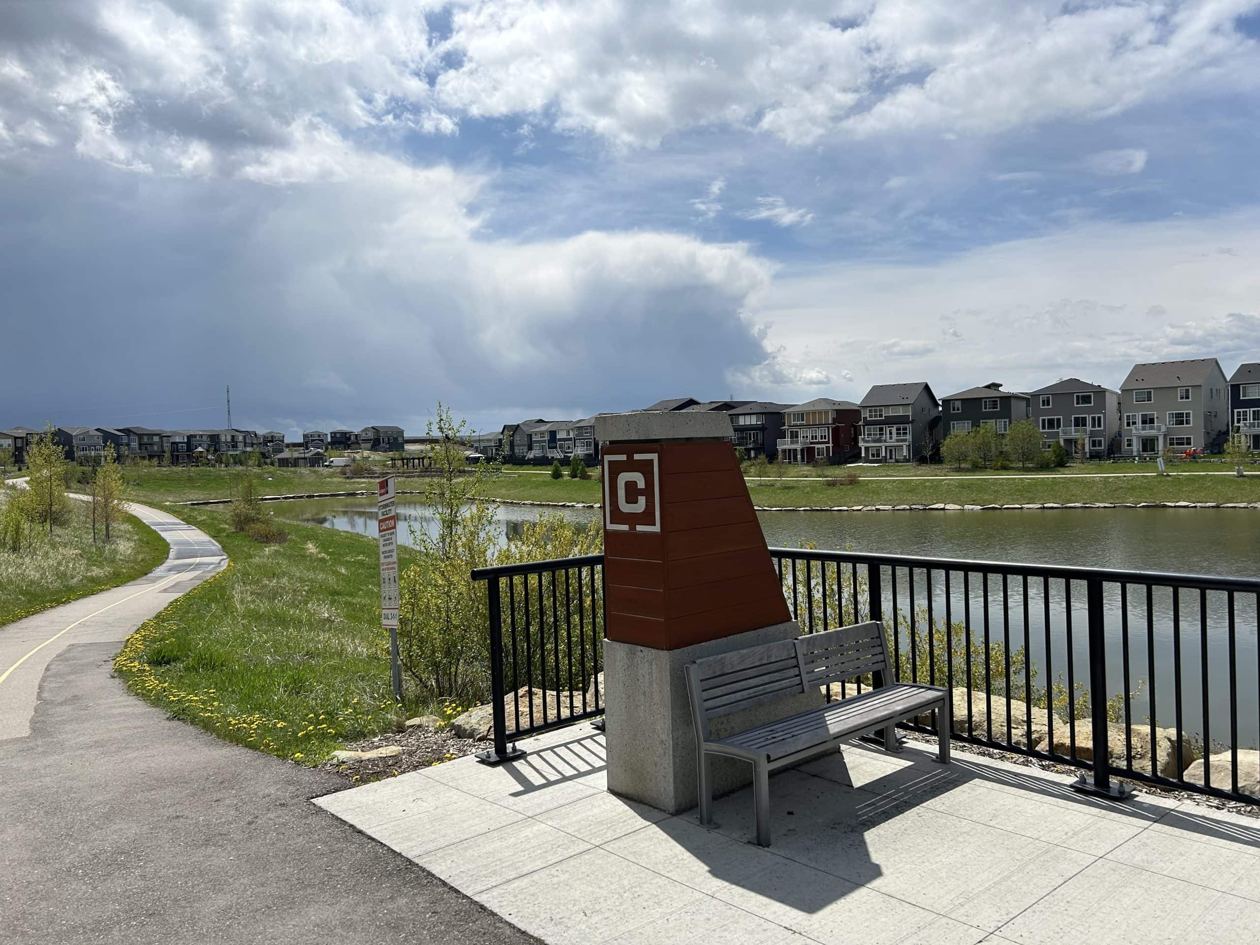 Carrington Calgary community pathway and pond with surrounding homes highlighting developing amenities and suburban lifestyle in a newer neighbourhood