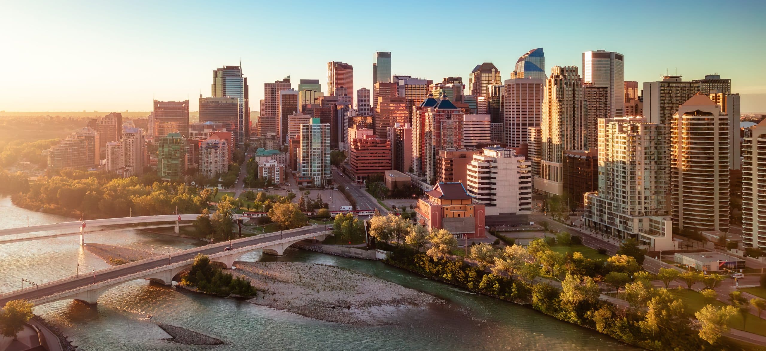 Downtown City buildings at sunrise. Calgary, Alberta, Canada.