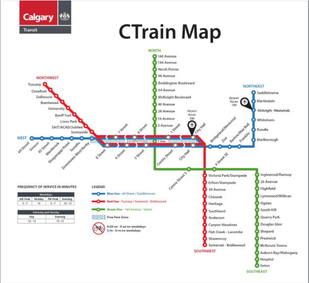 Calgary's CTrain map highlights one of the key differences between McKenzie Lake and McKenzie Towne: neither community currently has direct CTrain service. Residents typically rely on Deerfoot Trail, Stoney Trail, and bus connections, making both neighbourhoods more car dependent than communities located along Calgary's Red or Blue Line transit corridors.
This transit map also shows that the nearest CTrain stations require a drive or bus connection, which is worth considering for commuters who travel downtown regularly. While both communities offer excellent access to shopping, schools, South Health Campus, and major roadways, buyers seeking walkable access to rapid transit may prefer neighbourhoods closer to Calgary's existing CTrain network.