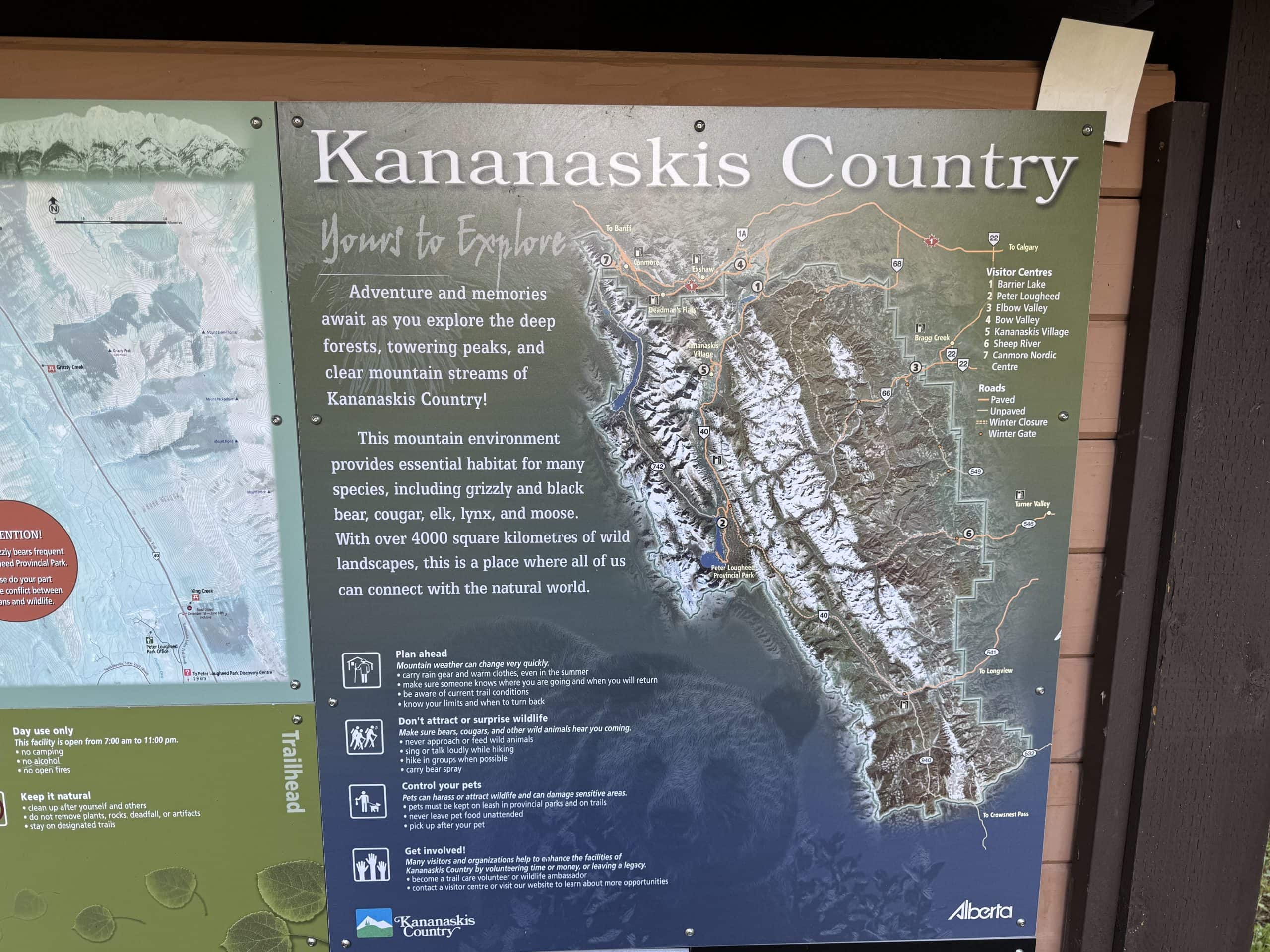 Kananaskis Country trailhead map showing the location of King Creek Ridge and the surrounding hiking areas along Highway 40 in Alberta.