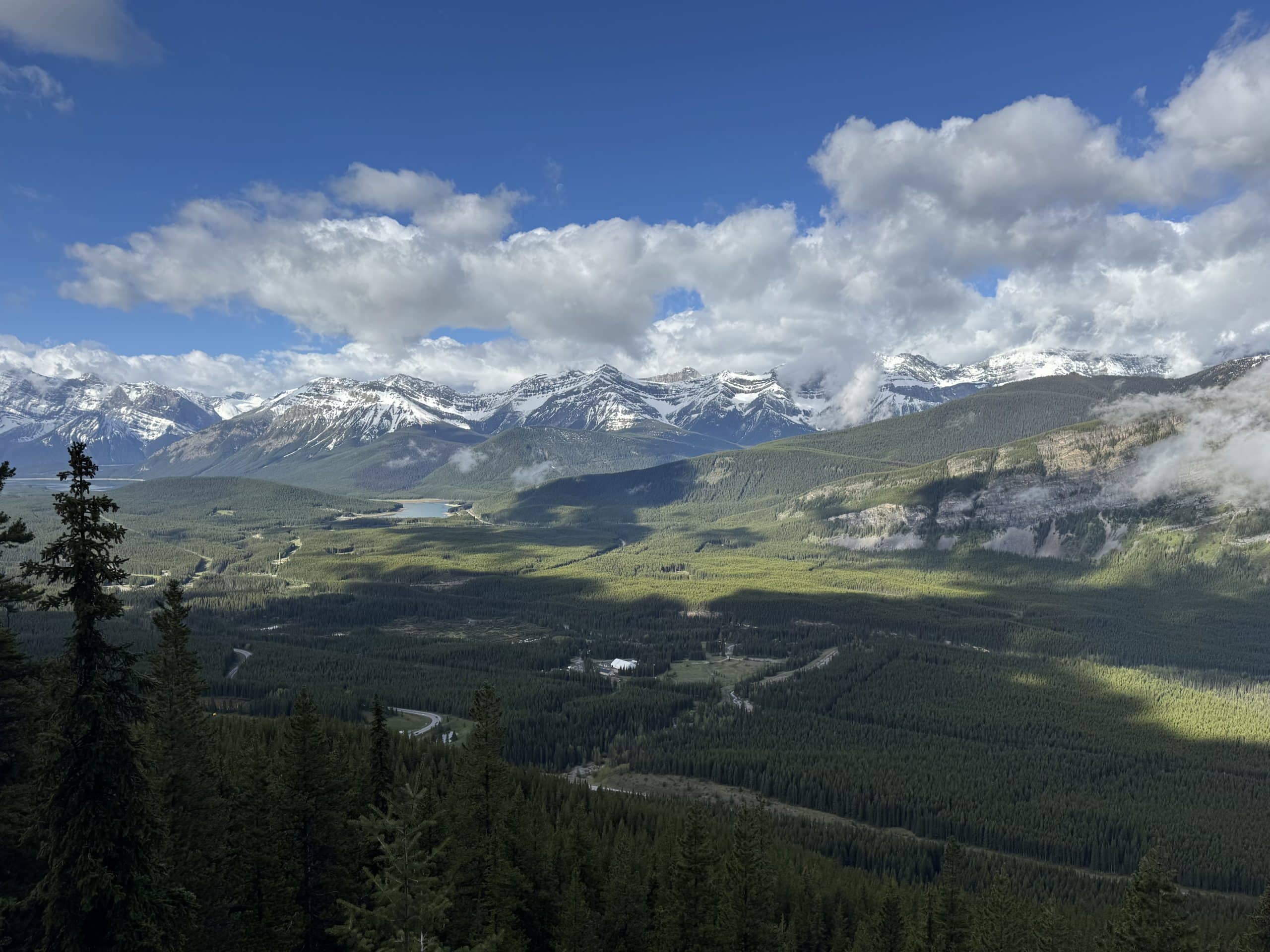 View from King Creek Ridge overlooking the Opal Range and Upper Kananaskis Lake in Kananaskis Country.