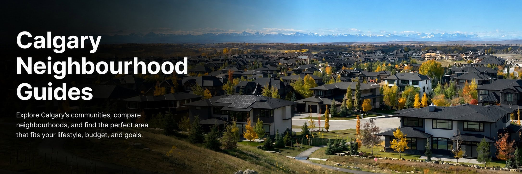 Panoramic view of Calgary neighbourhoods with modern homes and the Rocky Mountains, representing Calgary neighbourhood guides.