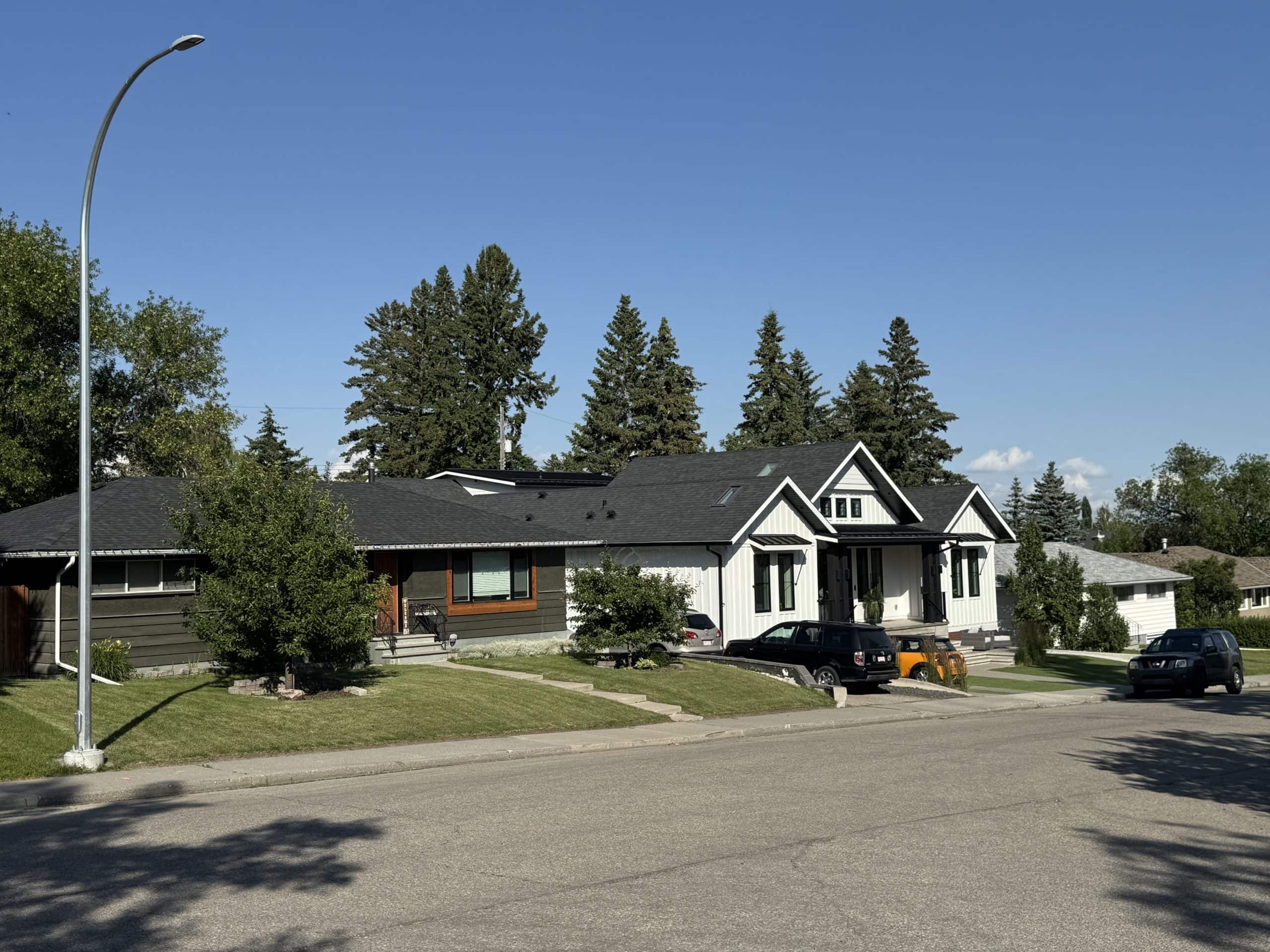 Original and newly built homes in Glendale, Calgary, illustrating the neighbourhood's larger lots, premium detached housing, and carefully evolving redevelopment.