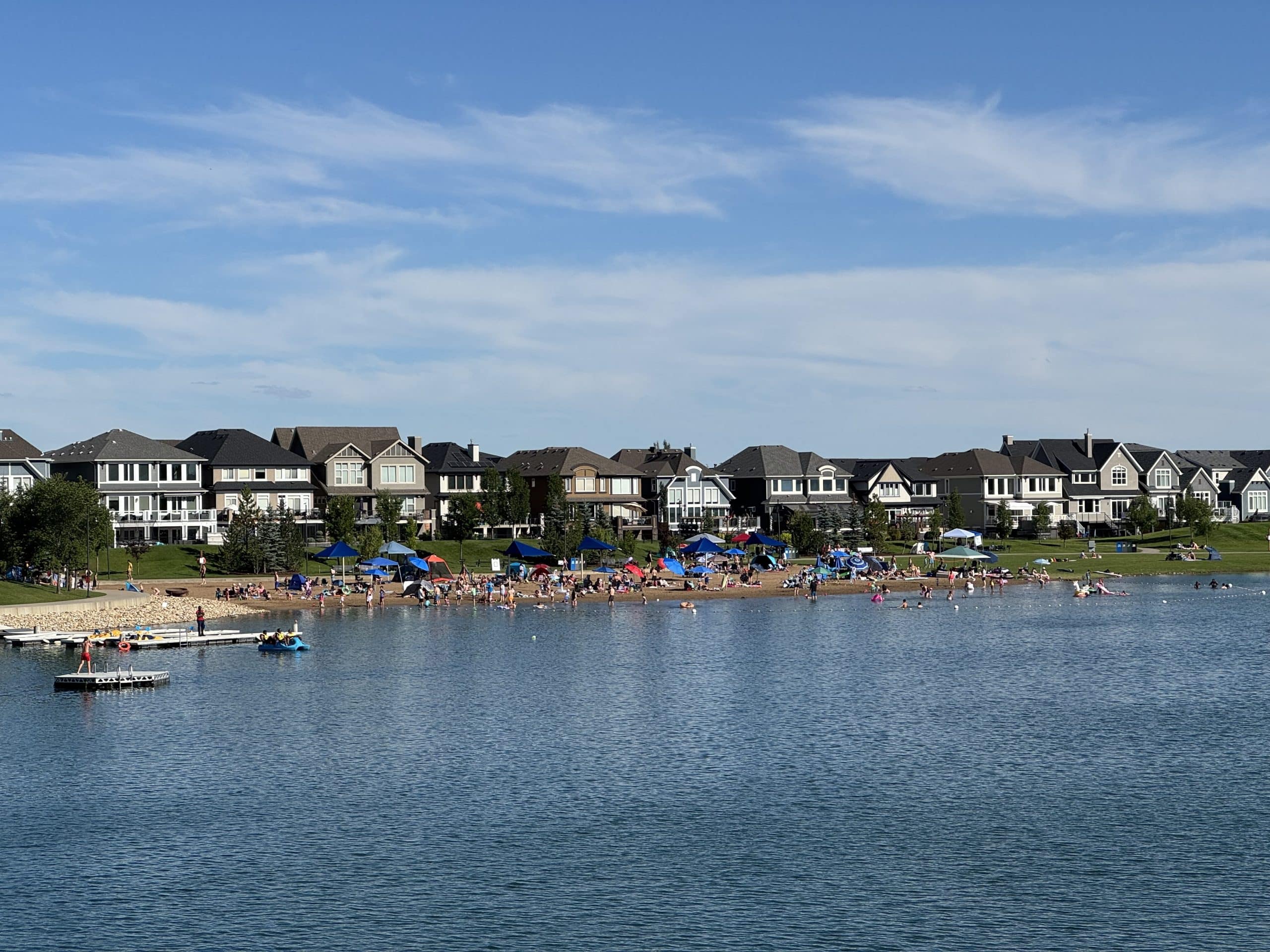 Mahogany Lake in southeast Calgary, surrounded by newer homes, beaches and community recreation areas.