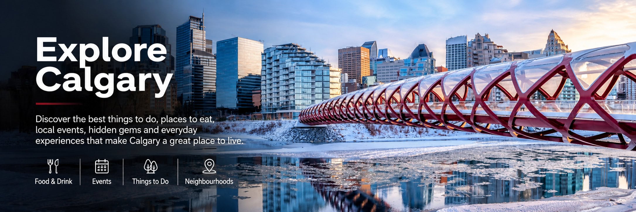 Calgary skyline and Peace Bridge in winter along the Bow River in downtown Calgary, Alberta.