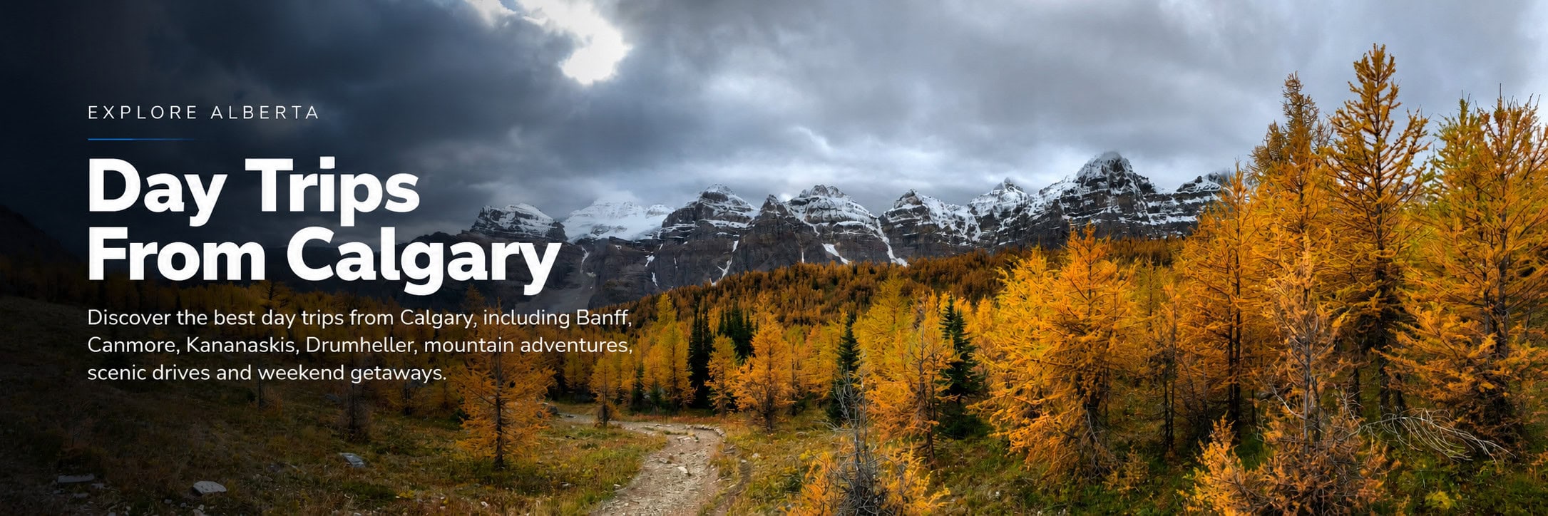 Golden larch trees and snow-covered Rocky Mountains along a hiking trail near Calgary, Alberta in autumn.