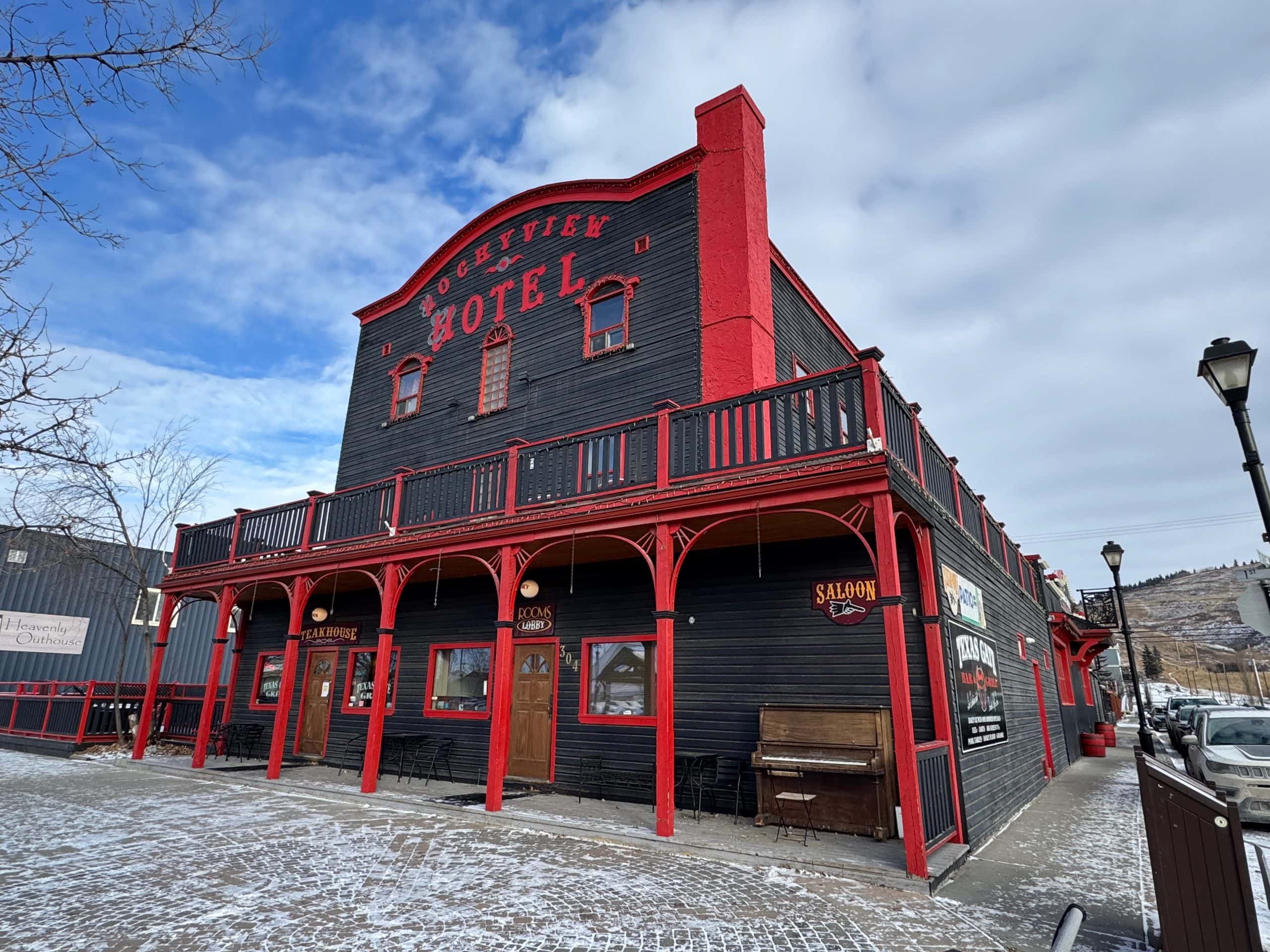 Historic Rockyview Hotel in downtown Cochrane, Alberta, showcasing the town’s western architecture and old west character.