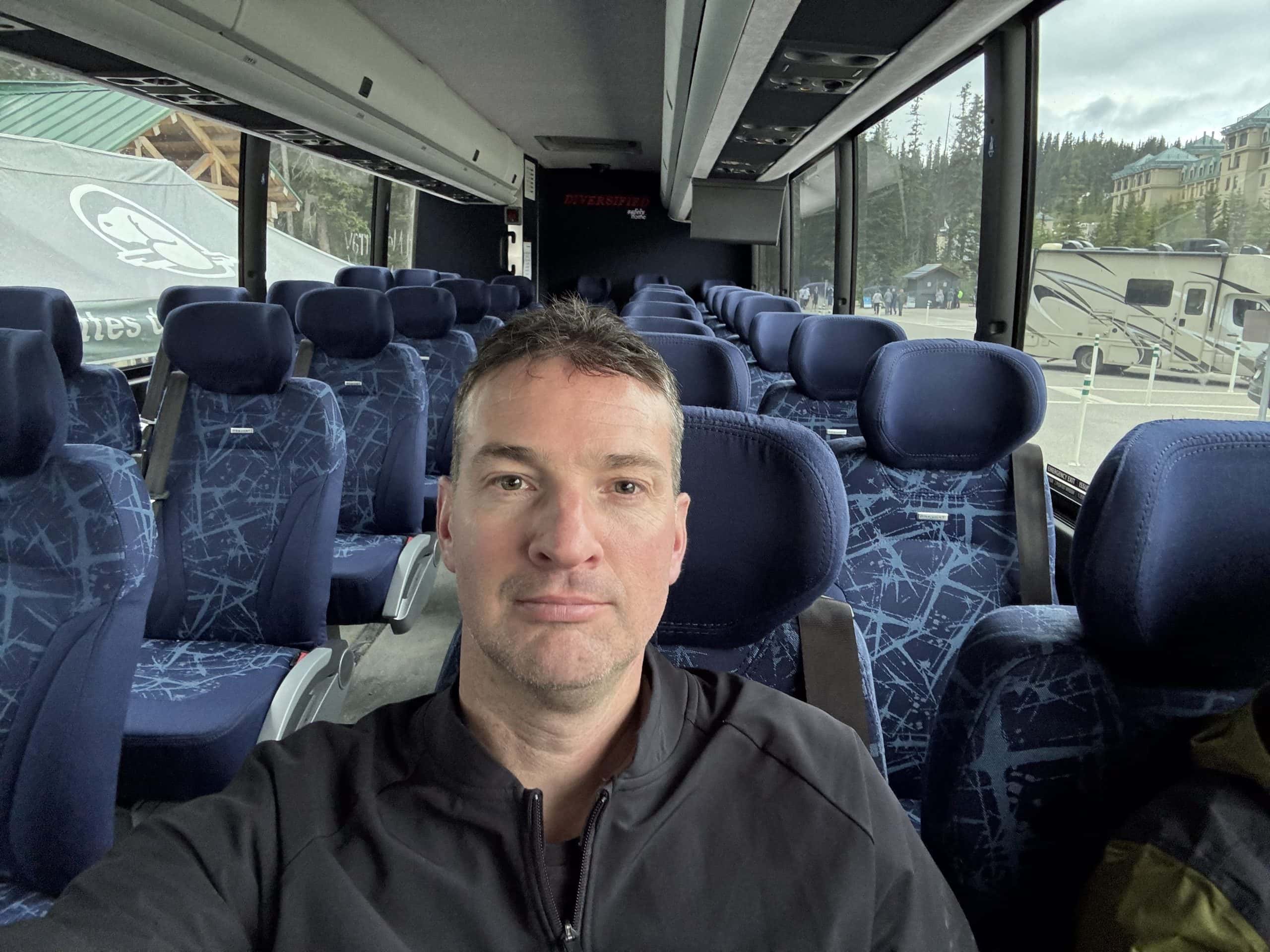 Shuttle bus used to reach Lake Louise and Moraine Lake in Banff National Park, Alberta.