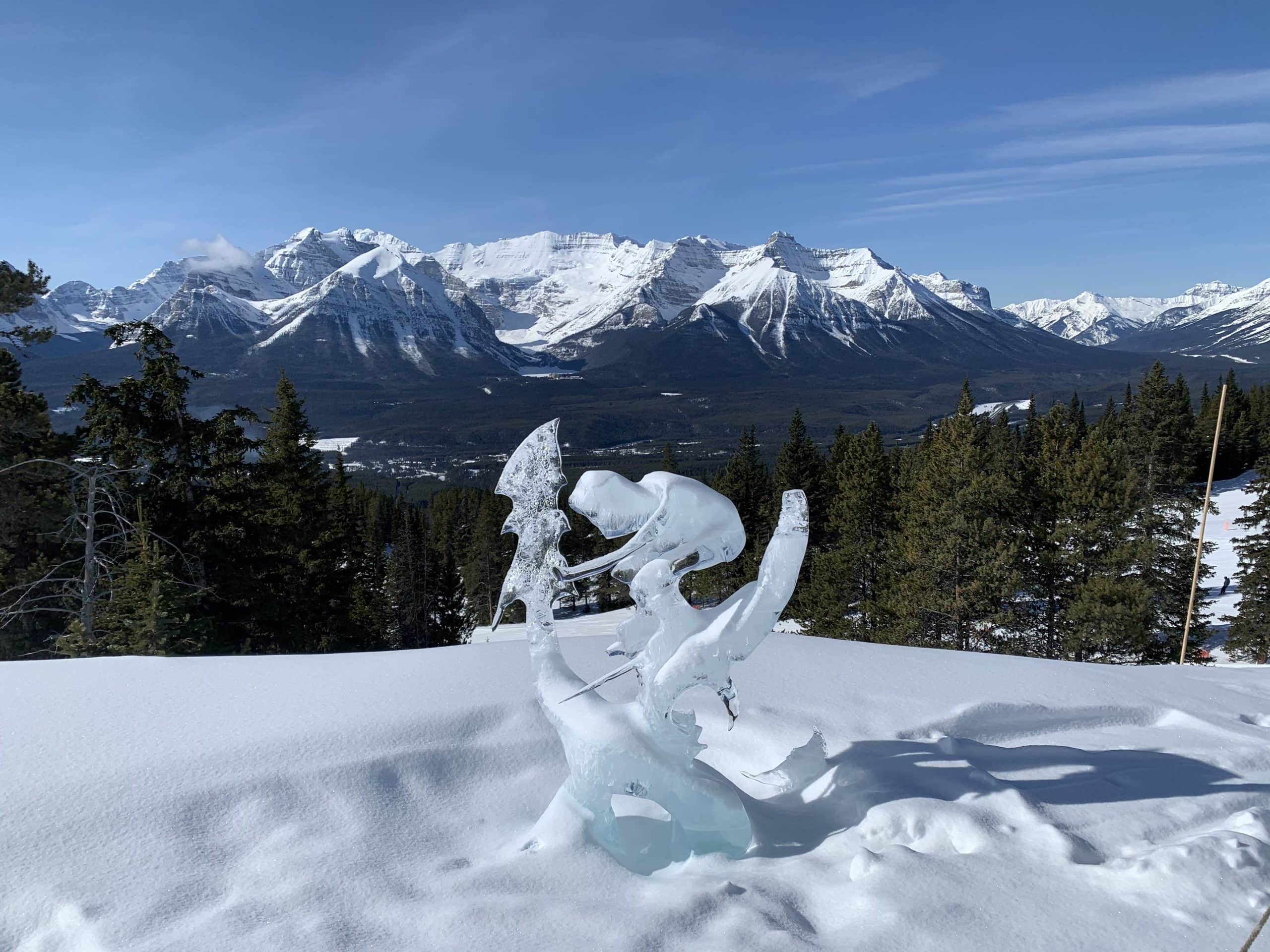 Snow-covered Rocky Mountains and winter scenery at Lake Louise ski area near Calgary, Alberta.