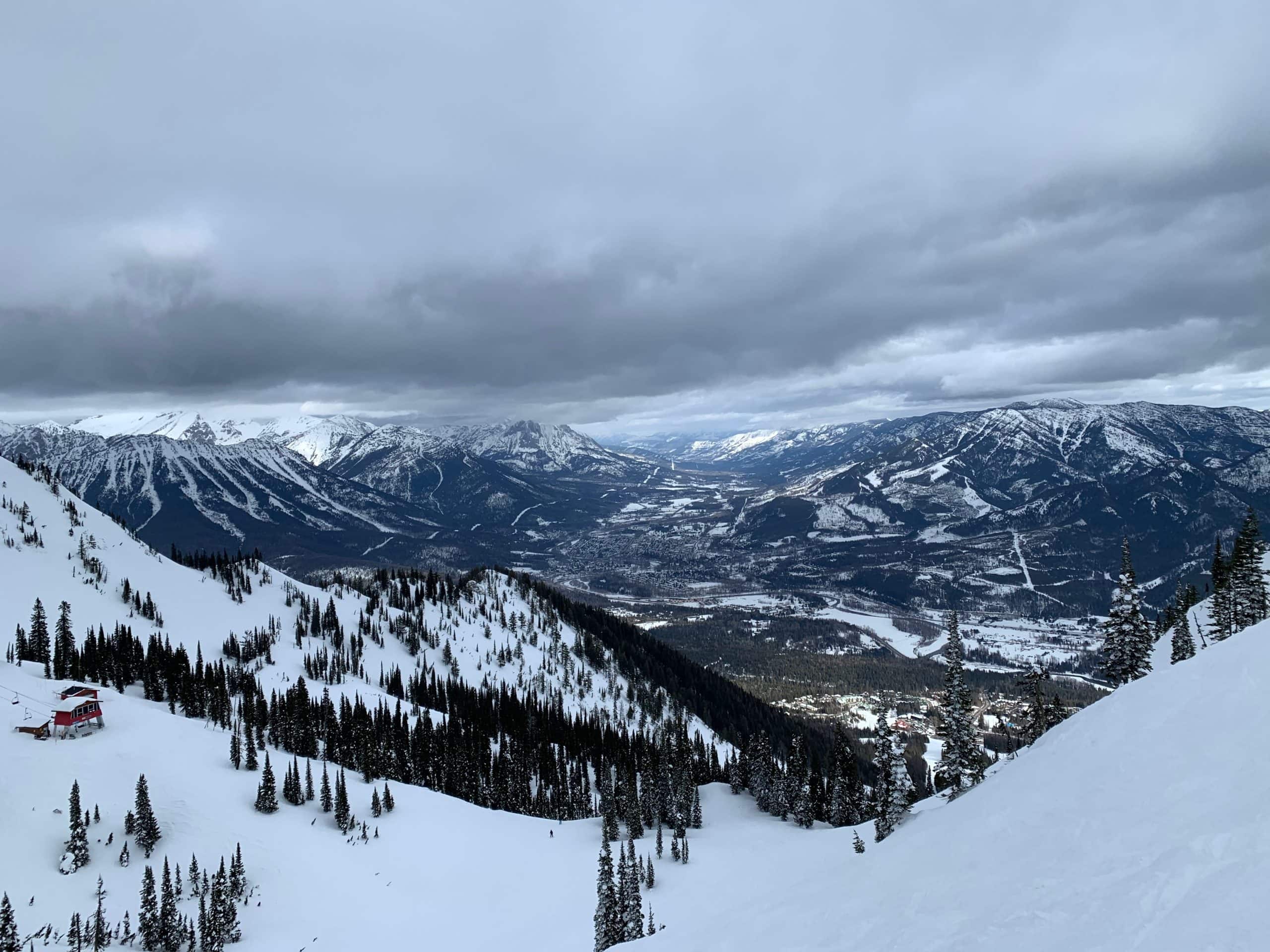 Panoramic winter views from Fernie Alpine Resort overlooking the Elk Valley and snow-covered mountains in Fernie, British Columbia.