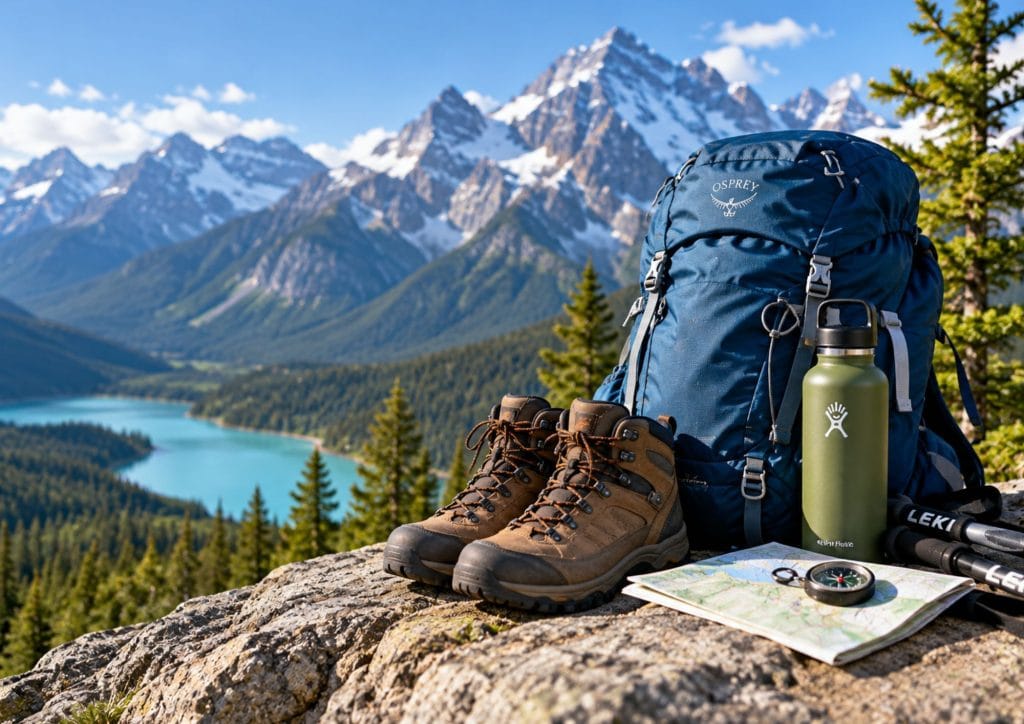 Hiking boots, backpack and outdoor gear overlooking a turquoise mountain lake in the Canadian Rockies, Alberta.