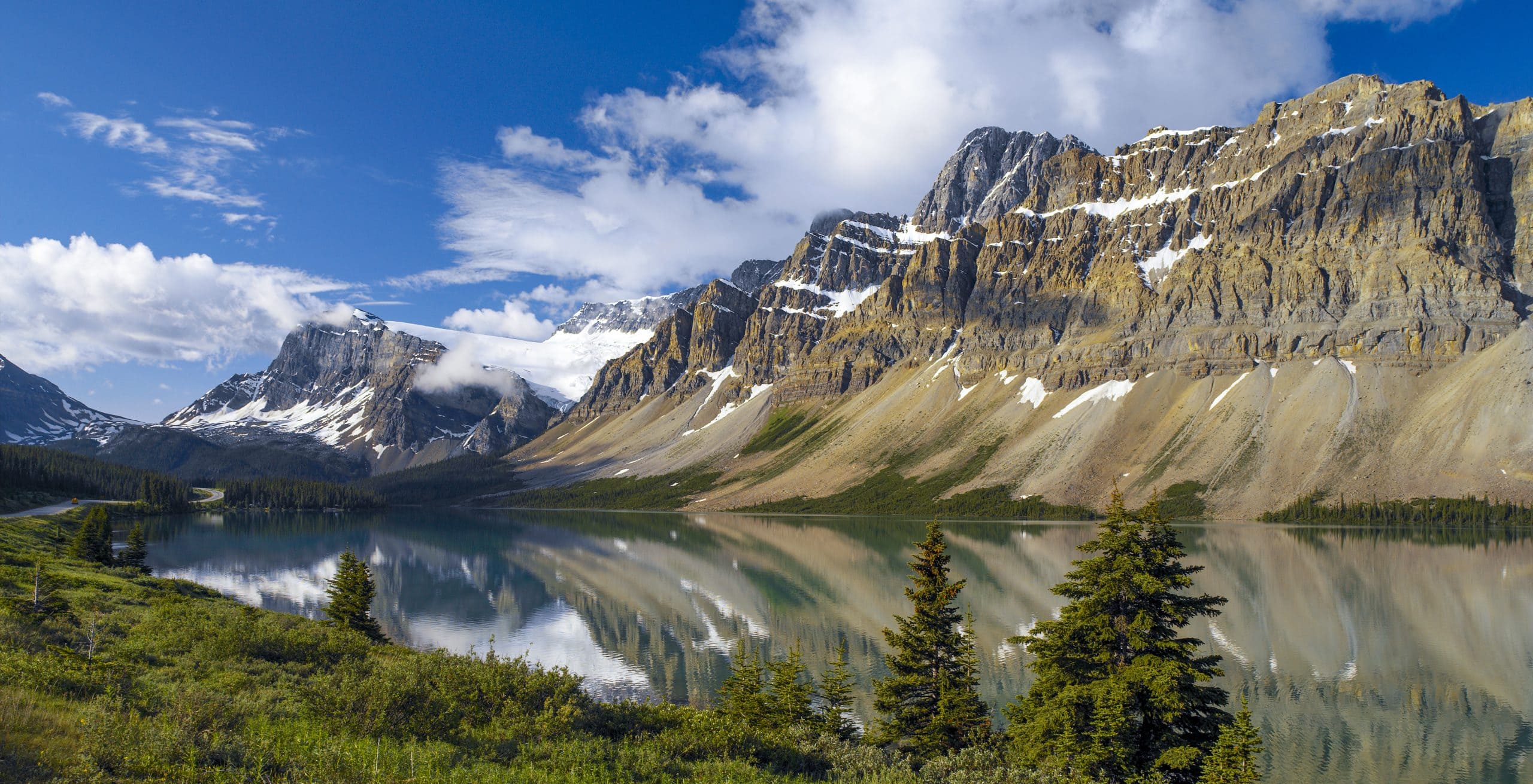 Scenic mountain lake surrounded by the Canadian Rockies in Banff National Park, Alberta.